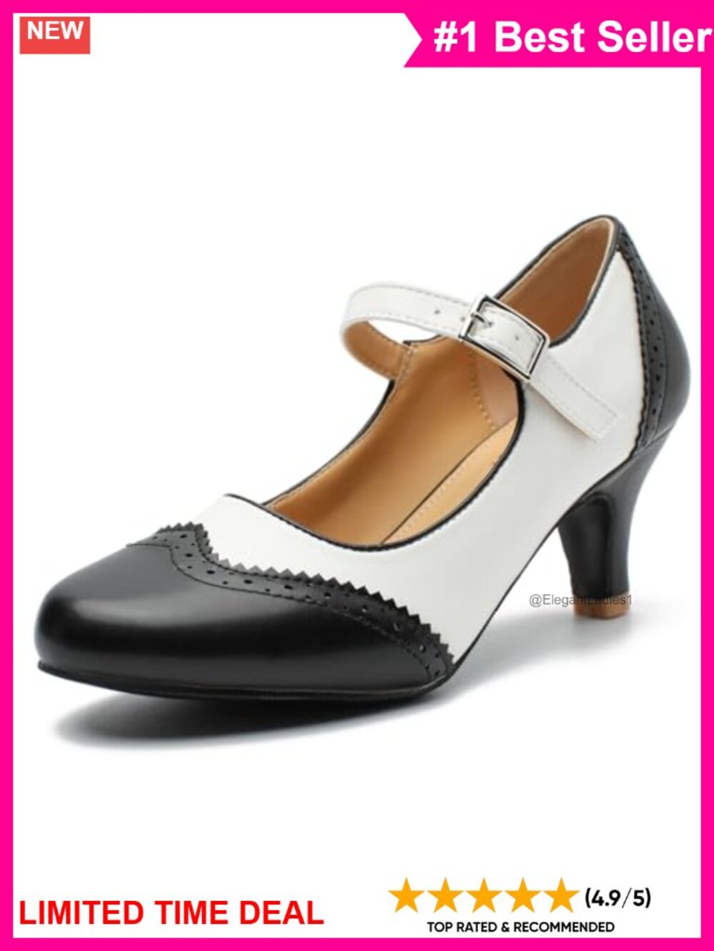 Mary Jane Double-Tone Oxford Pumps Low Kitten Heels Ankle Strap Round Toe Dress